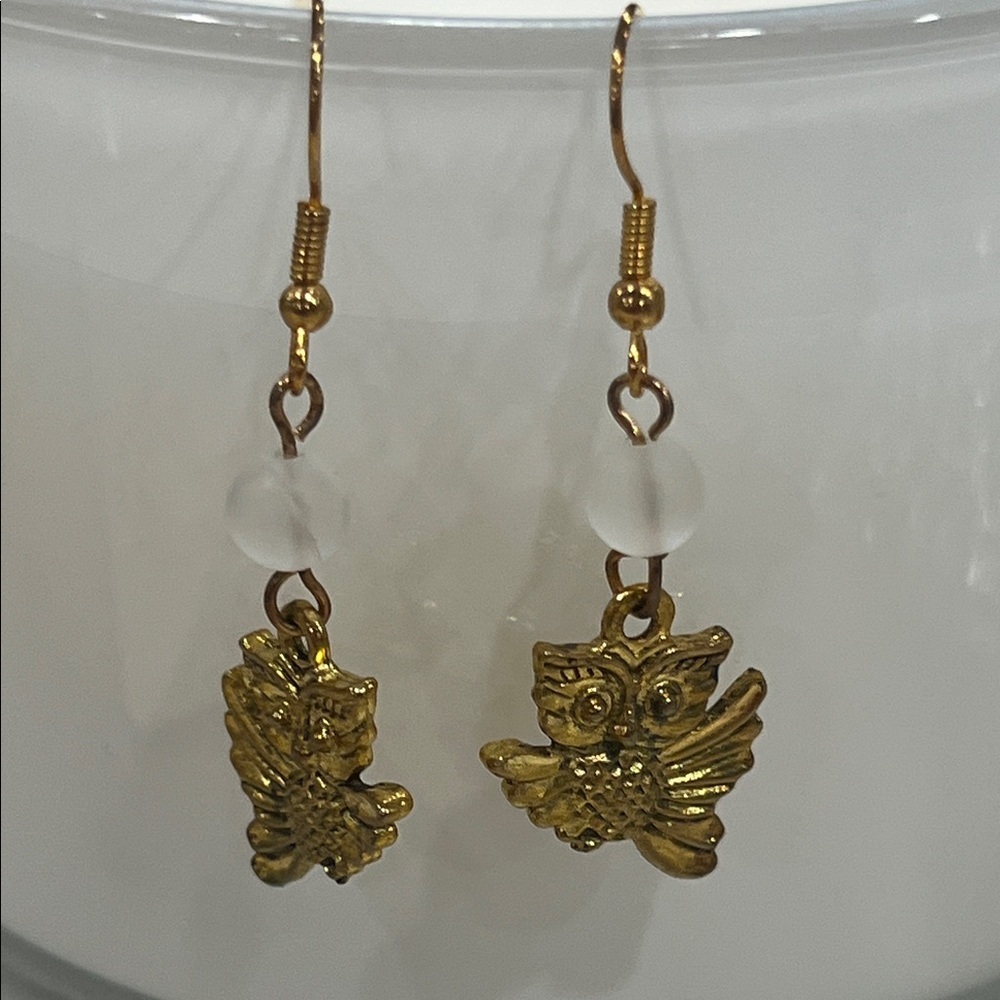 18kGP Owl Earrings Quartz Crystal Handmade Jewelry